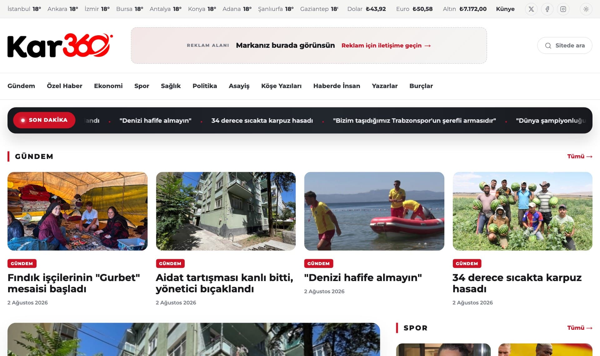 Kar360 haber sitesi ana sayfası: üst barda şehir hava durumu ve döviz kurları, son dakika şeridi, kategori menüsü ve haber vitrini