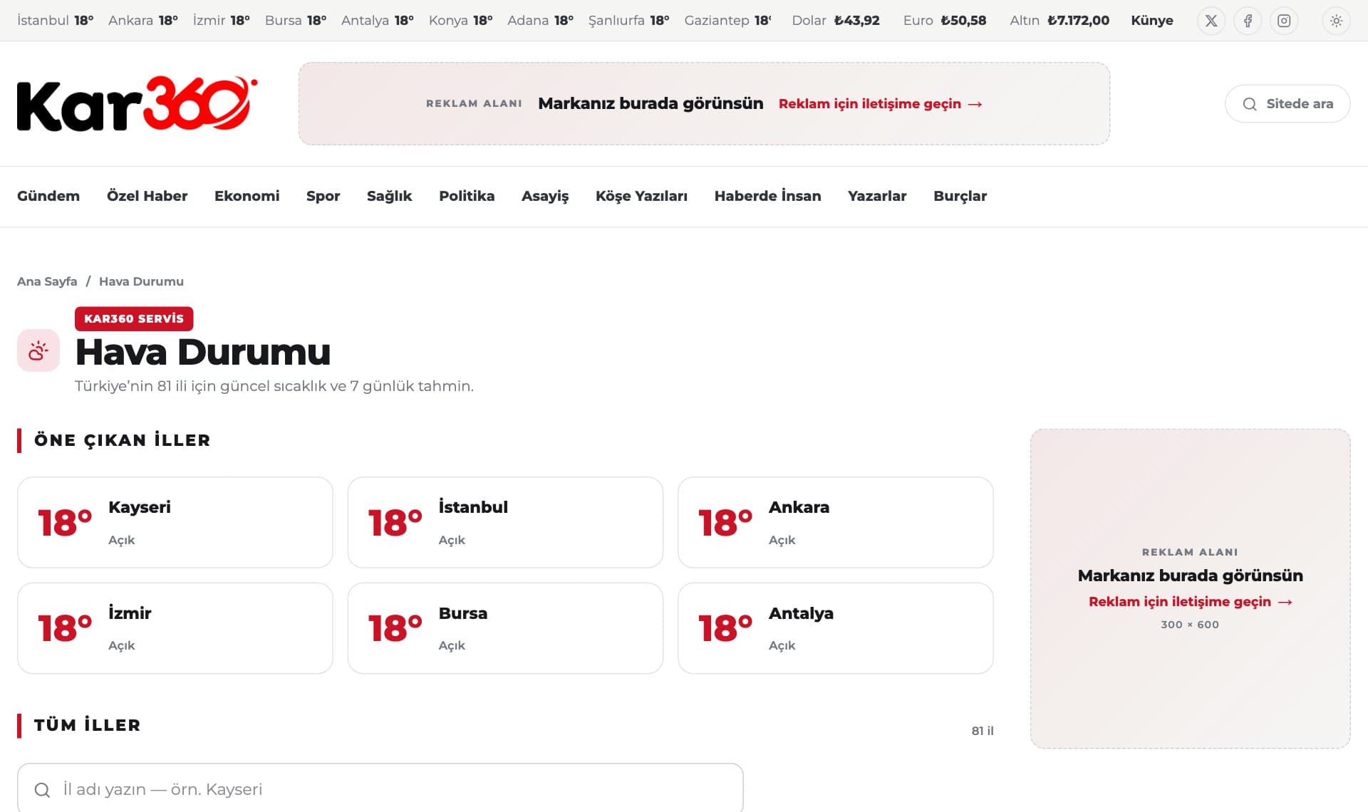 Kar360 haber sitesi — 81 il hava durumu merkezi