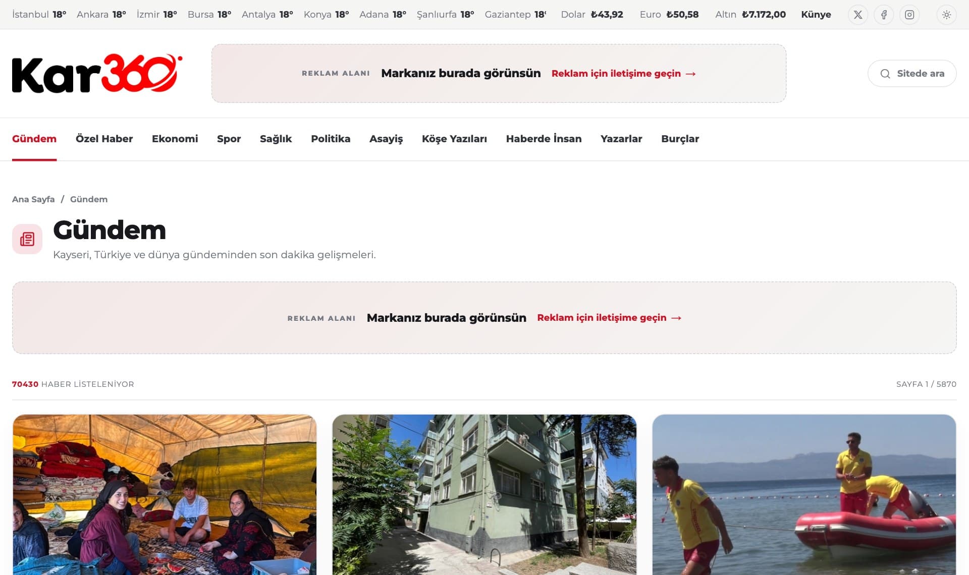 Kar360 haber sitesi — Arşiv, sayfalama ve reklam alanları